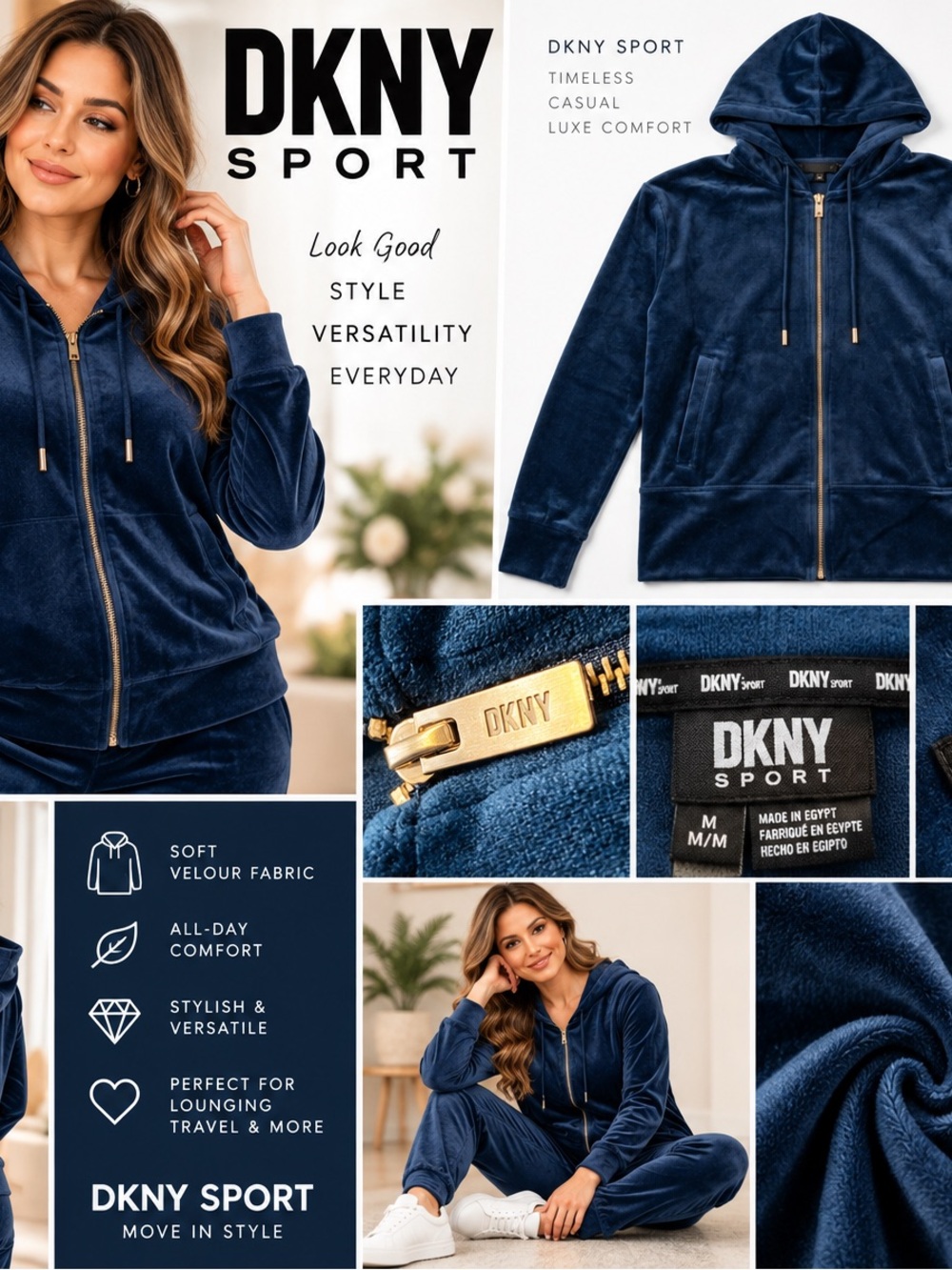 DKNY Sport Navy Velour Zip-Up Hoodie Bomber Jacket